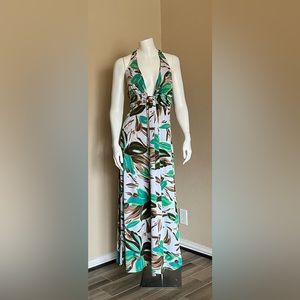 Tropical adjustable halter maxi dress, with cup padding inserts.